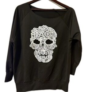 Off the Shoulder Black Sweatshirt with White Skull - Spooky season is here! 💀